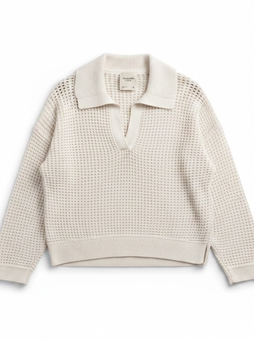 Abercrombie & Fitch Cream Open-Weave V-Neck Polo  💯 Cotton Sweater